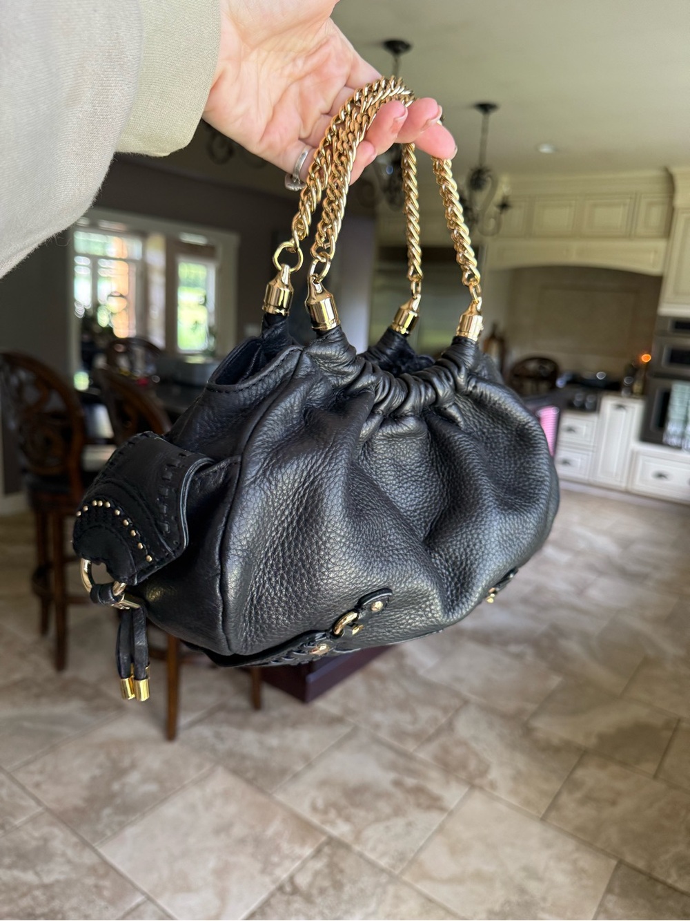 Mid- 2000s Cole Haan Black Pebbled Leather Mini Hobo Bag w/ Gold Chain Straps